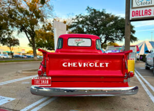 Patton's Christmas Trees Dallas Classic Red Chevy Truck for delivering Christmas trees to Lakewood