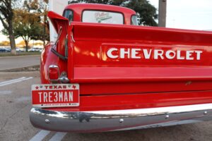 Patton's Christmas Trees Dallas Classic Red Chevy Truck for delivering Christmas trees to Lakewood