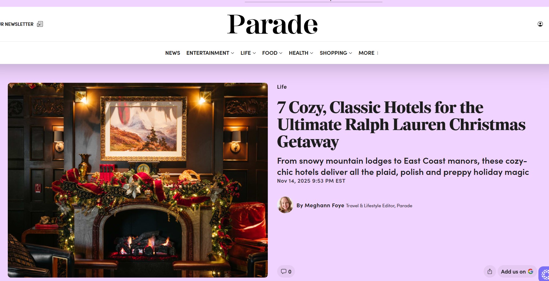 Parade Magazine featured Yvette Patton's Christmas decorating at Hotel Swexan in magazine list